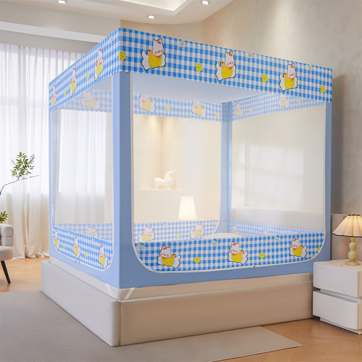 91家纺网 家纺一手货源 找家纺 迪凡保罗蚊帐 2026新款2606专版卡通回底全底AB版遮光帘坐床蚊帐 可爱奶狗-带床帘