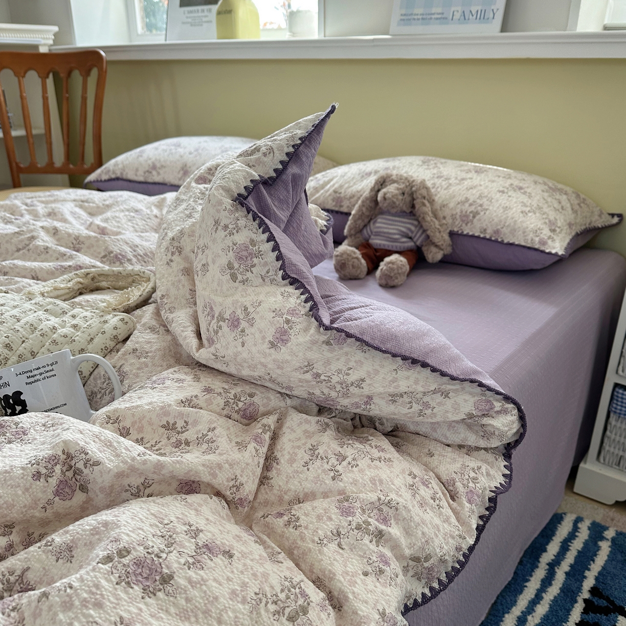 91家纺网 家纺一手货源 找家纺 几禾 2026新款高品质A类110g泡芙纱甜栗贝壳边四件套 甜栗-柔紫碎花屿