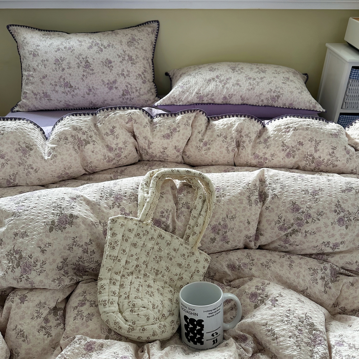 91家纺网 家纺一手货源 找家纺 几禾 2026新款高品质A类110g泡芙纱甜栗贝壳边四件套 甜栗-柔紫碎花屿