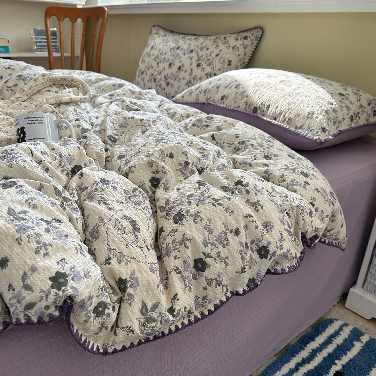 91家纺网 家纺一手货源 找家纺 几禾 2026新款高品质A类110g泡芙纱甜栗贝壳边四件套 甜栗-小猫秘境灰