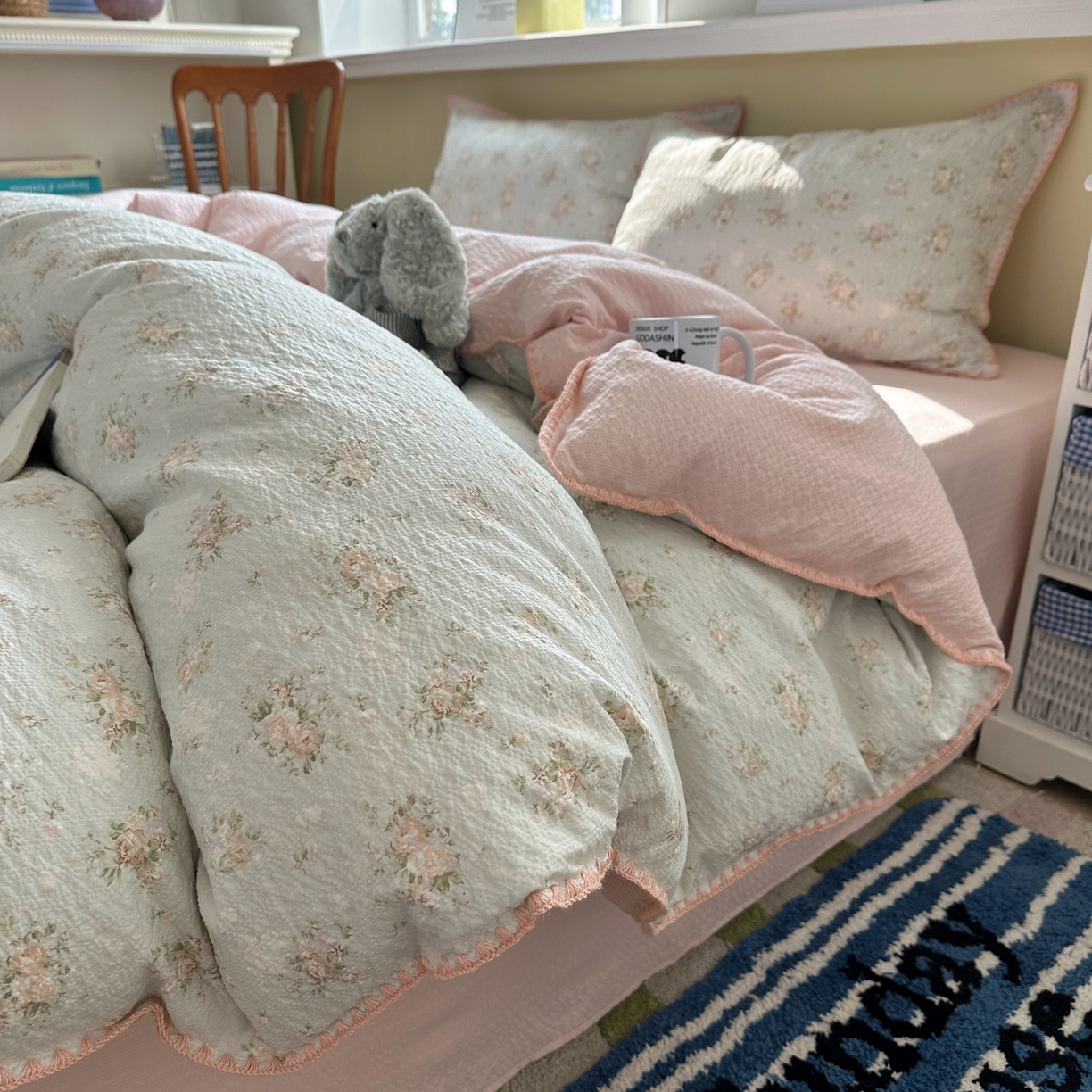 91家纺网 家纺一手货源 找家纺 几禾 2026新款高品质A类110g泡芙纱甜栗贝壳边四件套 甜栗-柔诗意