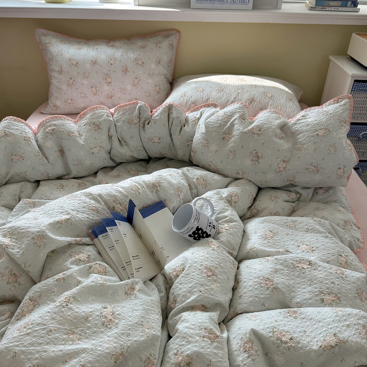 91家纺网 家纺一手货源 找家纺 几禾 2026新款高品质A类110g泡芙纱甜栗贝壳边四件套 甜栗-柔诗意