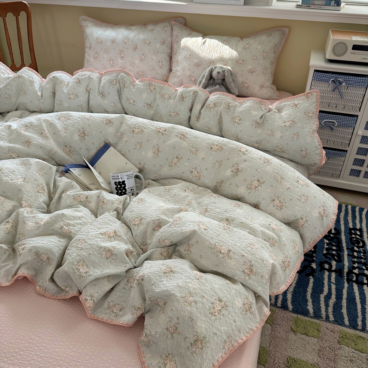 91家纺网 家纺一手货源 找家纺 几禾 2026新款高品质A类110g泡芙纱甜栗贝壳边四件套 甜栗-柔诗意