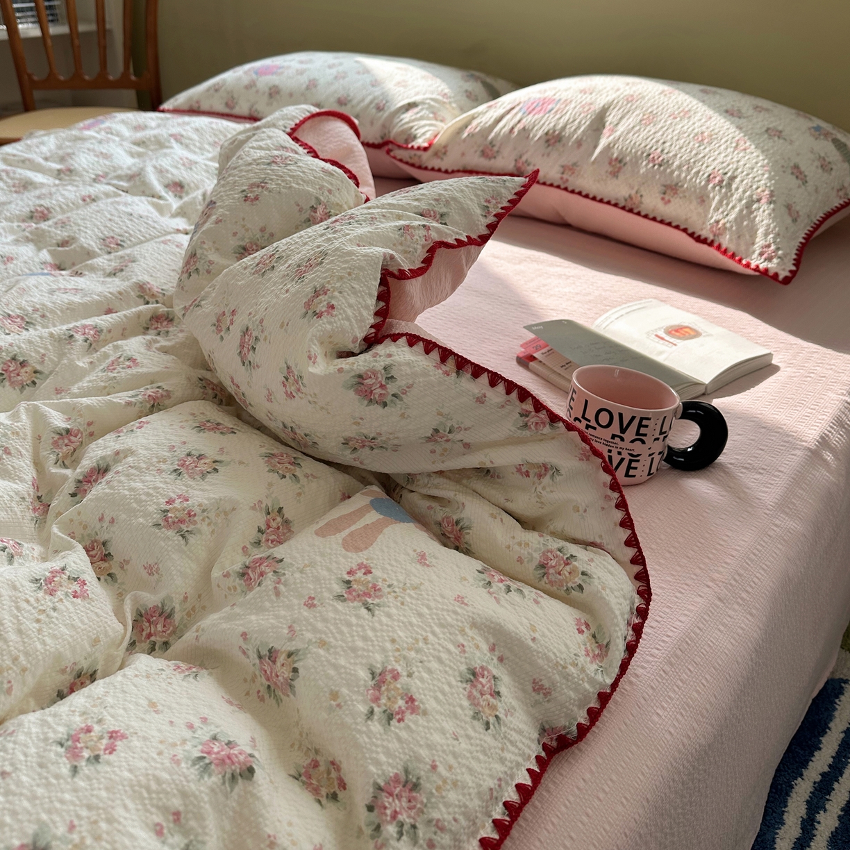 91家纺网 家纺一手货源 找家纺 几禾 2026新款高品质A类110g泡芙纱甜栗贝壳边四件套 甜栗-甜卷兔兔