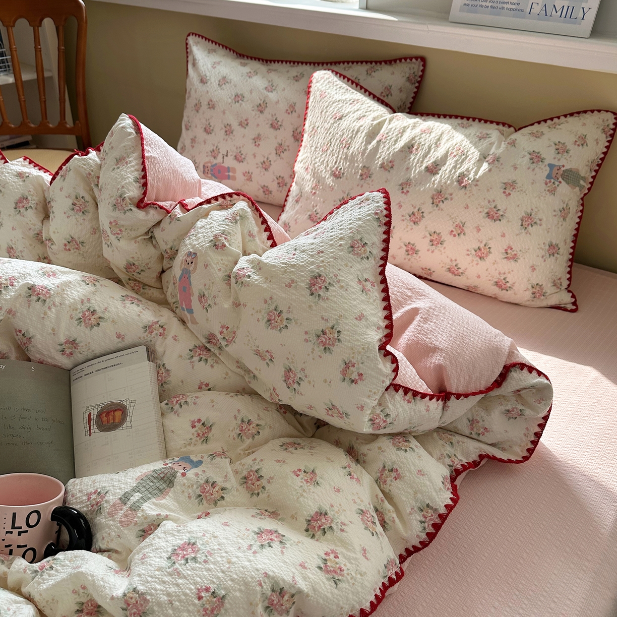 91家纺网 家纺一手货源 找家纺 几禾 2026新款高品质A类110g泡芙纱甜栗贝壳边四件套 甜栗-甜卷兔兔