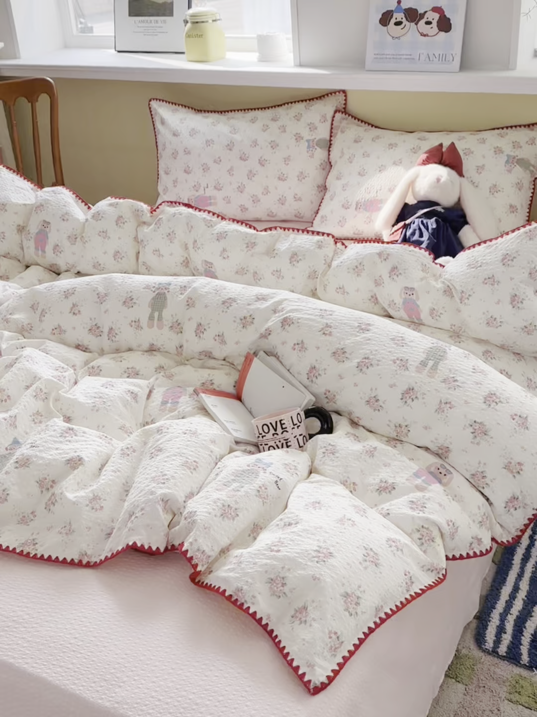 91家纺网 家纺一手货源 找家纺 几禾 2026新款高品质A类110g泡芙纱甜栗贝壳边四件套 甜栗-甜卷兔兔