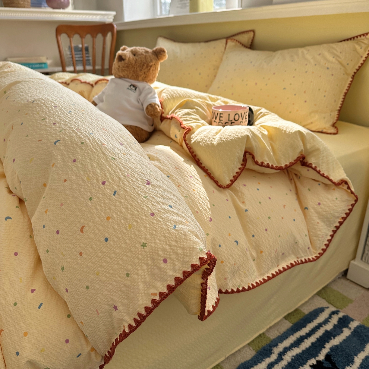 91家纺网 家纺一手货源 找家纺 几禾 2026新款高品质A类110g泡芙纱甜栗贝壳边四件套 甜栗-星月糖粒