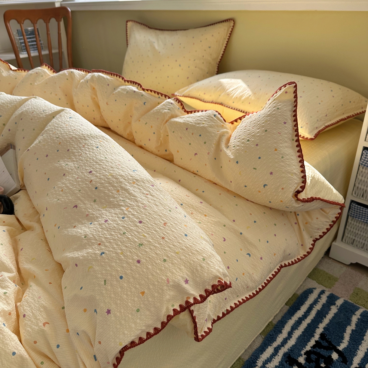 91家纺网 家纺一手货源 找家纺 几禾 2026新款高品质A类110g泡芙纱甜栗贝壳边四件套 甜栗-星月糖粒