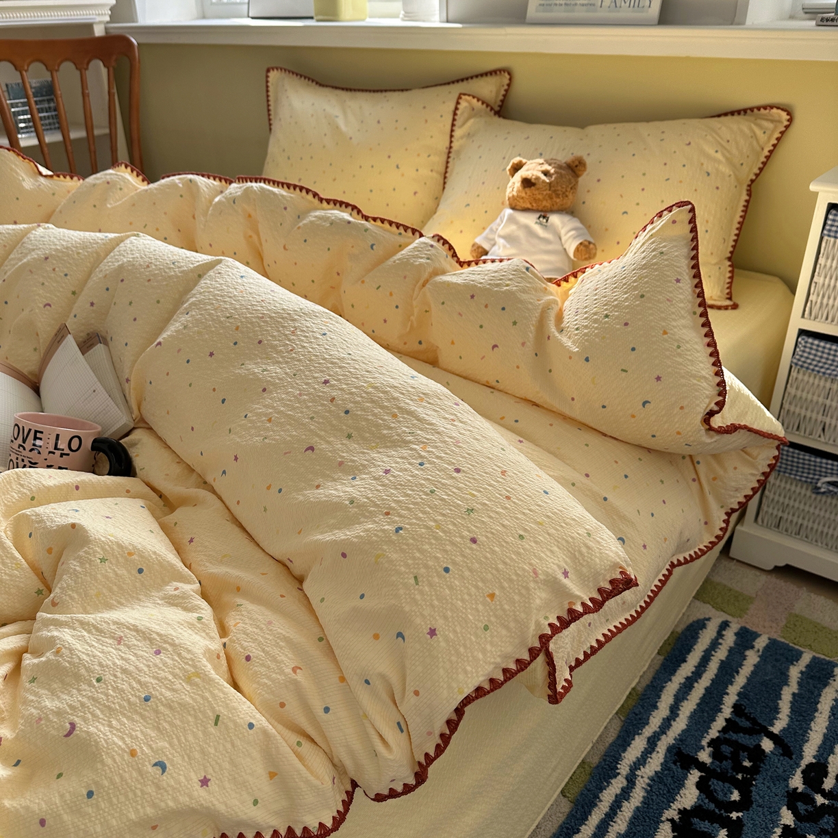 91家纺网 家纺一手货源 找家纺 几禾 2026新款高品质A类110g泡芙纱甜栗贝壳边四件套 甜栗-星月糖粒