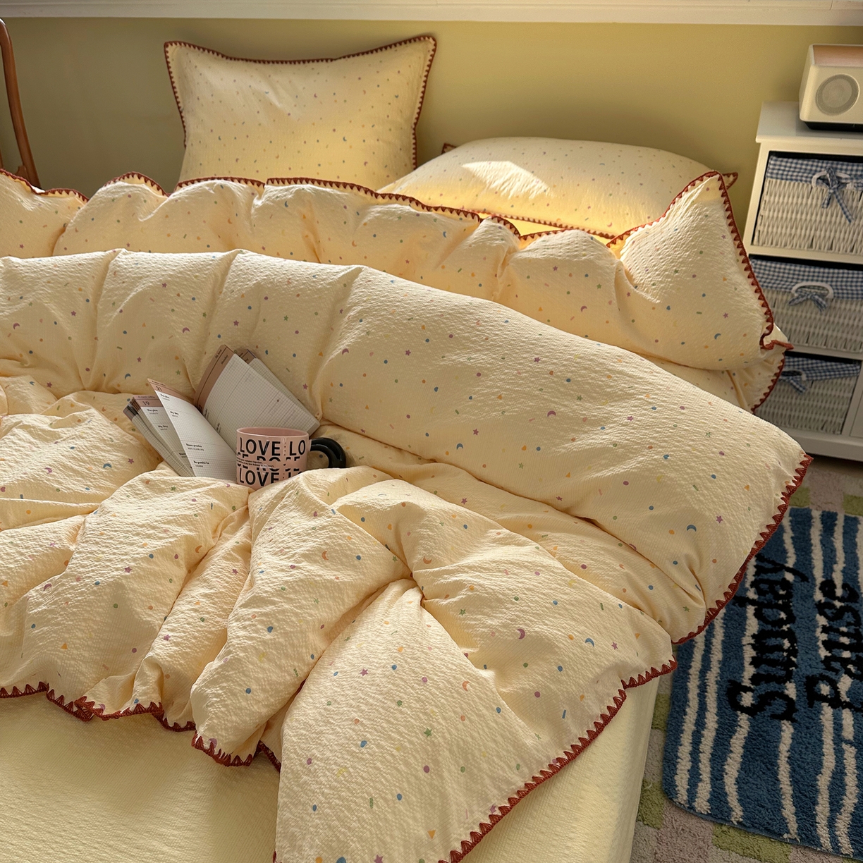 91家纺网 家纺一手货源 找家纺 几禾 2026新款高品质A类110g泡芙纱甜栗贝壳边四件套 甜栗-星月糖粒