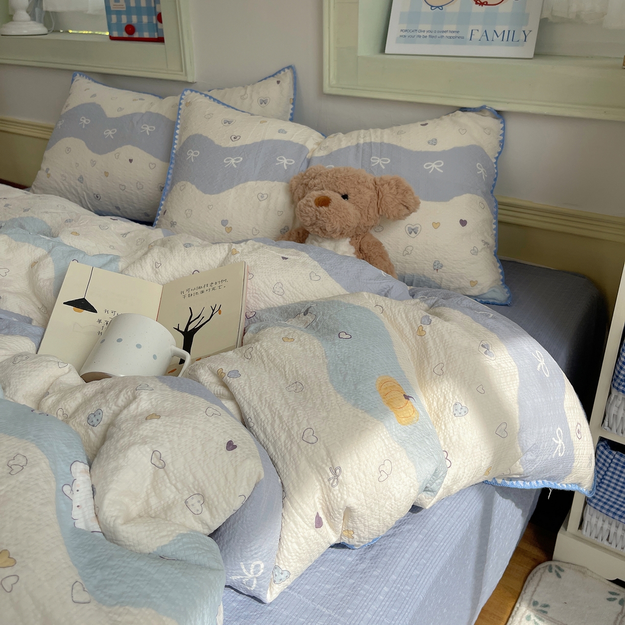 凯洛奇 2026春夏新款A类高品质泡芙纱贝壳边四件套 蓝波甜心