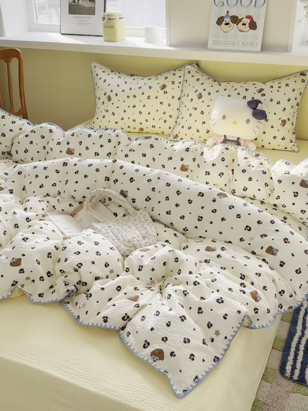 91家纺网 家纺一手货源 找家纺 几禾 2026新款高品质A类110g泡芙纱甜栗贝壳边四件套 甜栗-豹纹咪星黄