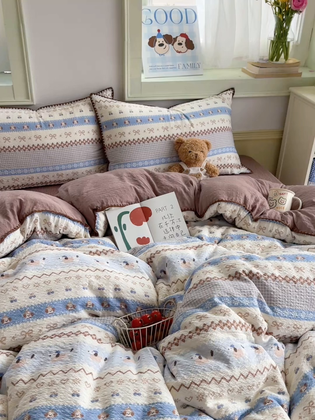 91家纺网 家纺一手货源 找家纺 凯洛奇 2026春夏新款A类高品质泡芙纱贝壳边四件套 奶芙小狗