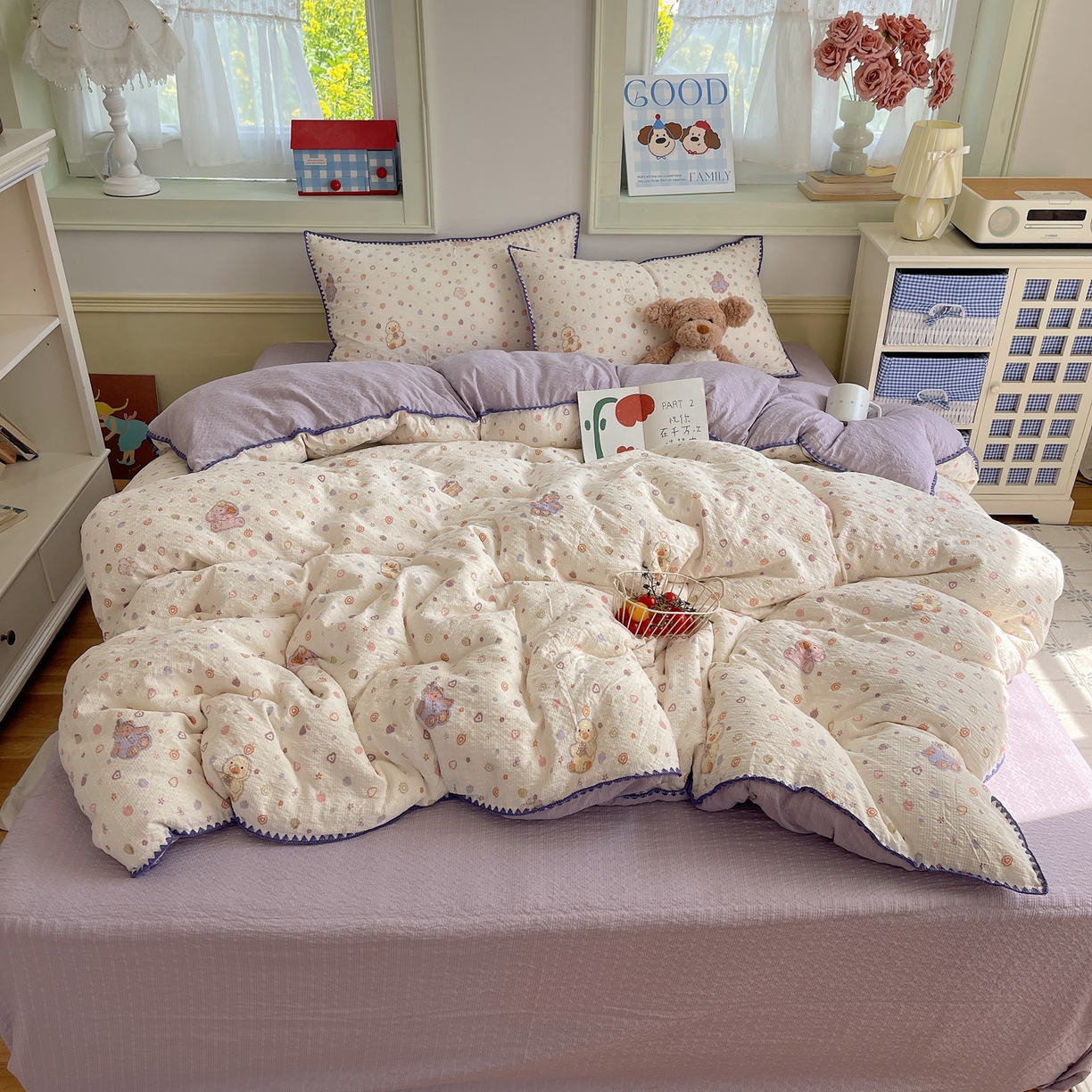 91家纺网 家纺一手货源 找家纺 凯洛奇 2026春夏新款A类高品质泡芙纱贝壳边四件套 糖心小熊