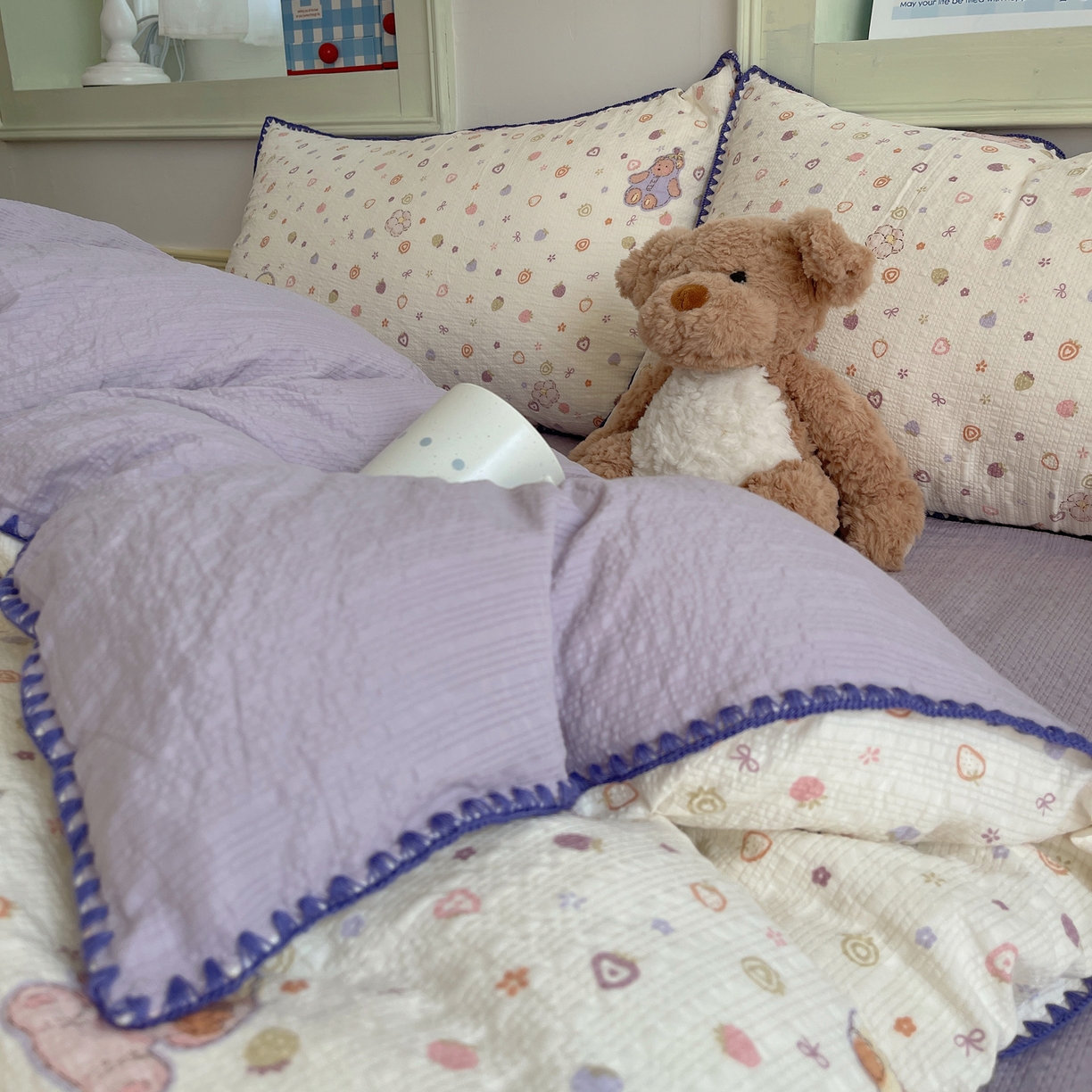 91家纺网 家纺一手货源 找家纺 凯洛奇 2026春夏新款A类高品质泡芙纱贝壳边四件套 糖心小熊