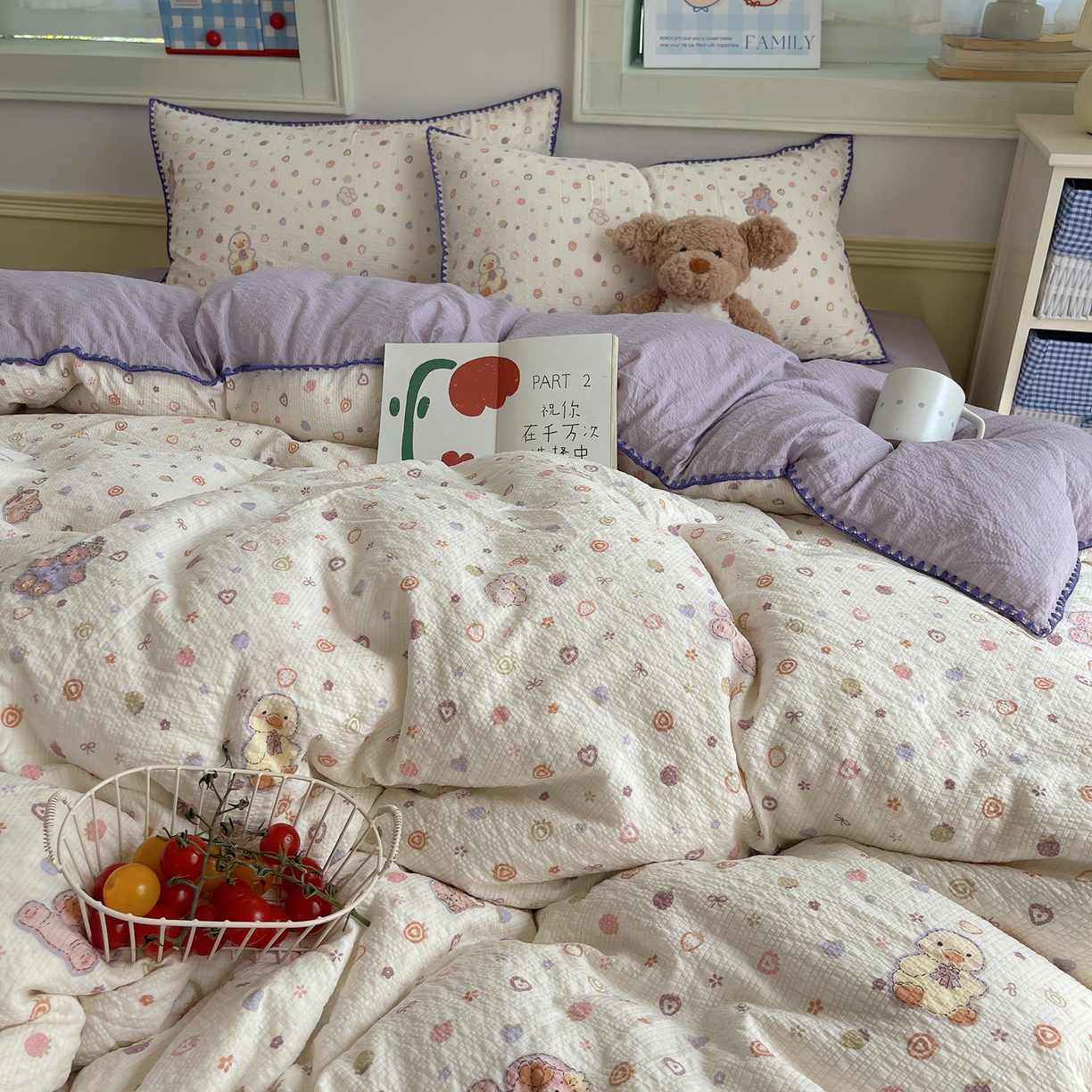 91家纺网 家纺一手货源 找家纺 凯洛奇 2026春夏新款A类高品质泡芙纱贝壳边四件套 糖心小熊