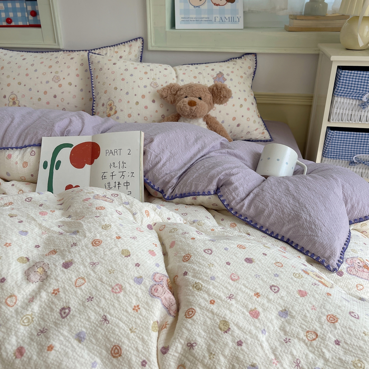 91家纺网 家纺一手货源 找家纺 凯洛奇 2026春夏新款A类高品质泡芙纱贝壳边四件套 糖心小熊