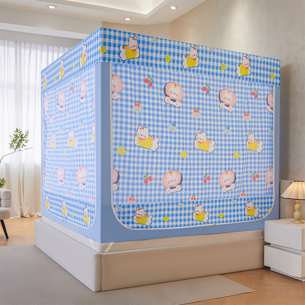 91家纺网 家纺一手货源 找家纺 迪凡保罗蚊帐 2026新款2606专版卡通回底全底AB版遮光帘坐床蚊帐 可爱奶狗-带床帘