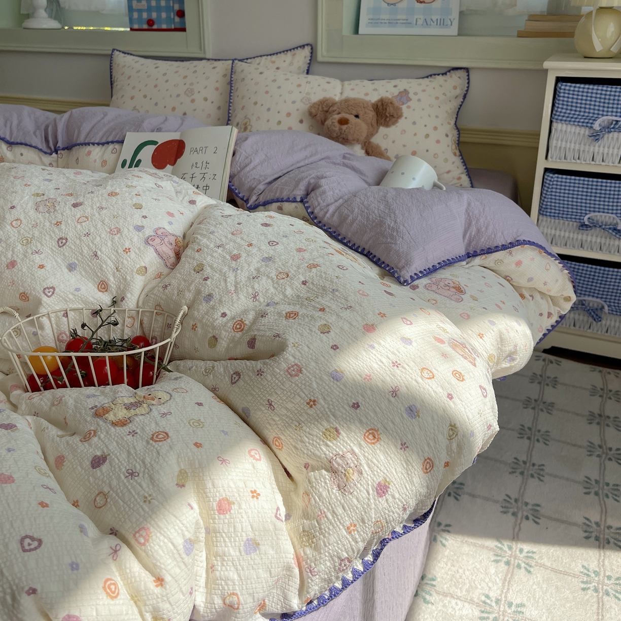 91家纺网 家纺一手货源 找家纺 凯洛奇 2026春夏新款A类高品质泡芙纱贝壳边四件套 糖心小熊