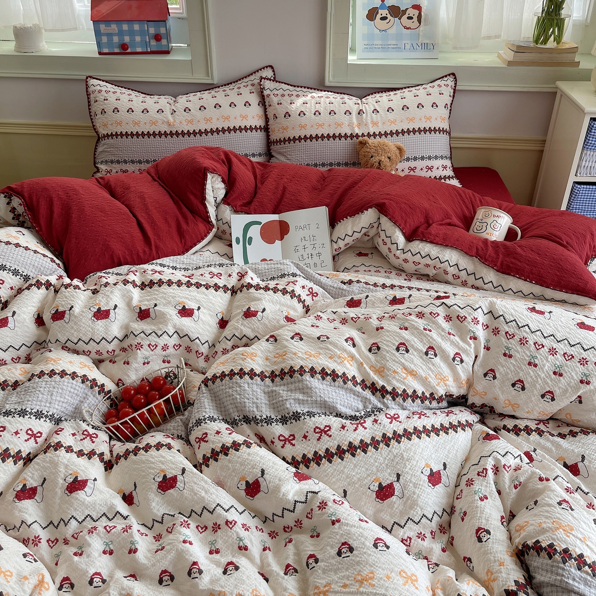 91家纺网 家纺一手货源 找家纺 凯洛奇 2026春夏新款A类高品质泡芙纱贝壳边四件套 小狗派对