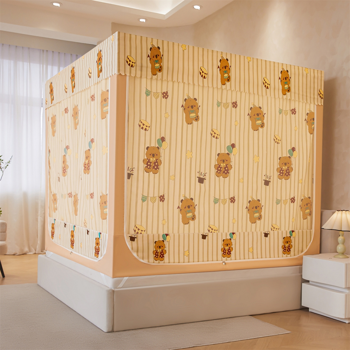 91家纺网 家纺一手货源 找家纺 迪凡保罗蚊帐 2026新款2606专版卡通回底全底AB版遮光帘坐床蚊帐 卡皮熊-无床帘