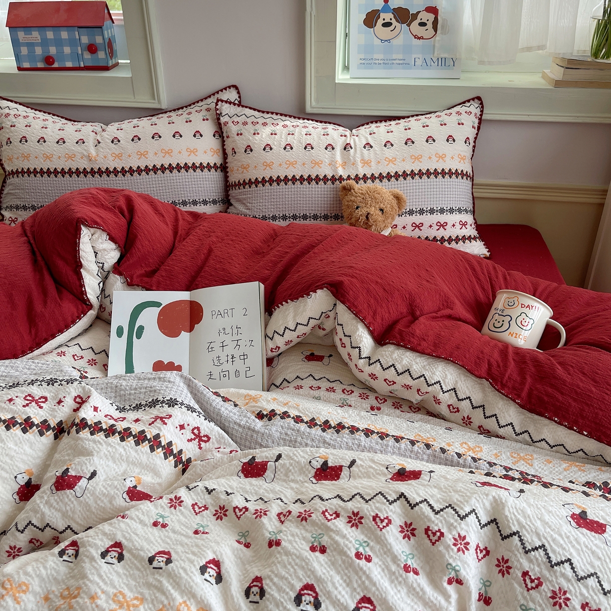 91家纺网 家纺一手货源 找家纺 凯洛奇 2026春夏新款A类高品质泡芙纱贝壳边四件套 小狗派对