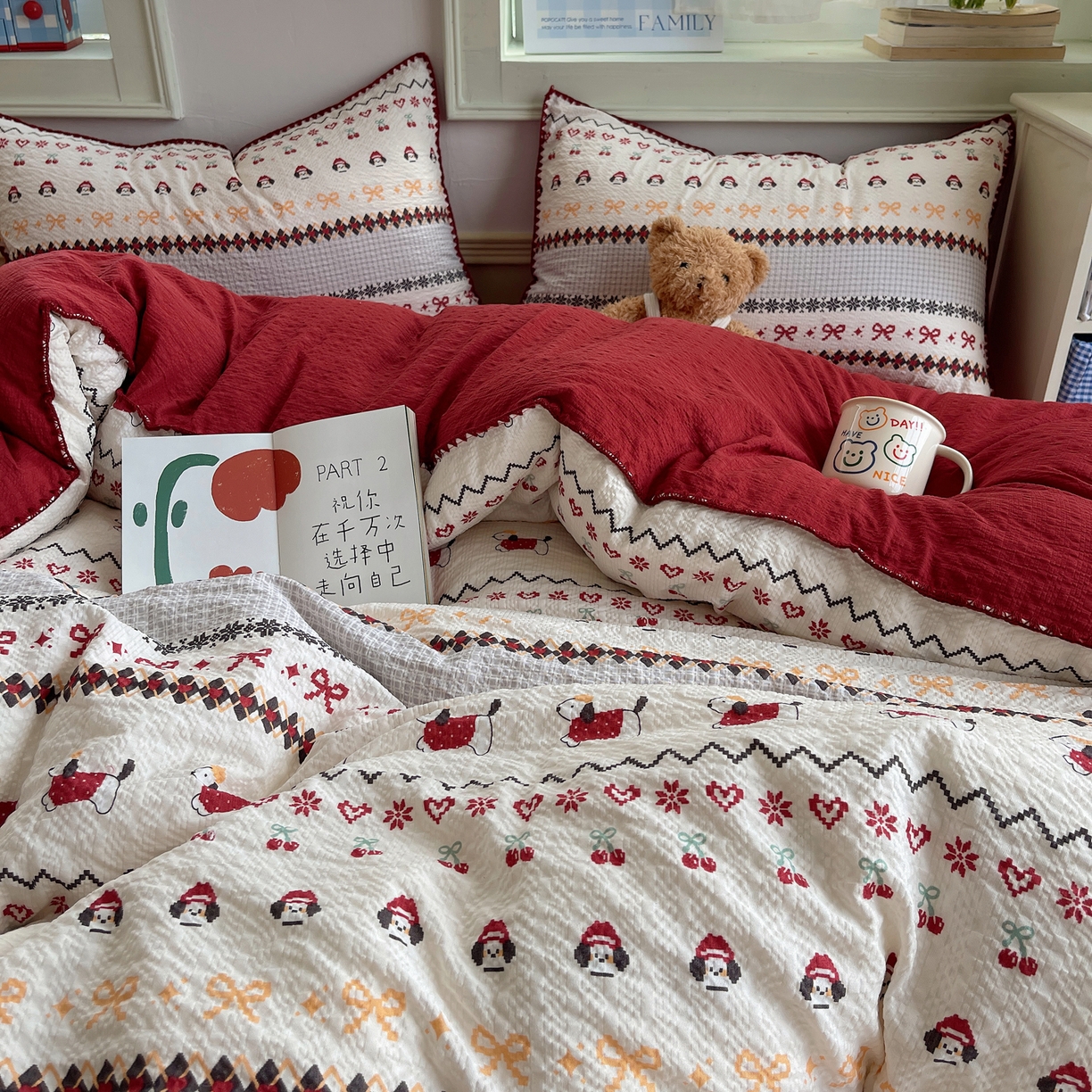 91家纺网 家纺一手货源 找家纺 凯洛奇 2026春夏新款A类高品质泡芙纱贝壳边四件套 小狗派对