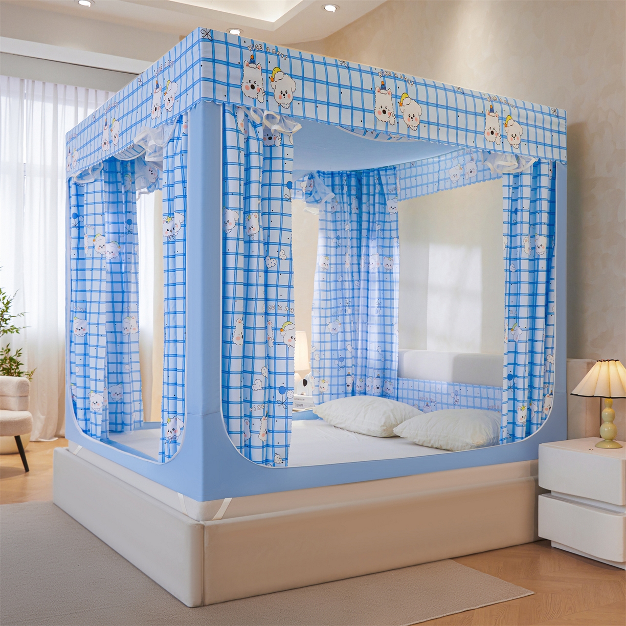 91家纺网 家纺一手货源 找家纺 迪凡保罗蚊帐 2026新款2606专版卡通回底全底AB版遮光帘坐床蚊帐 萌趣多多-带床帘