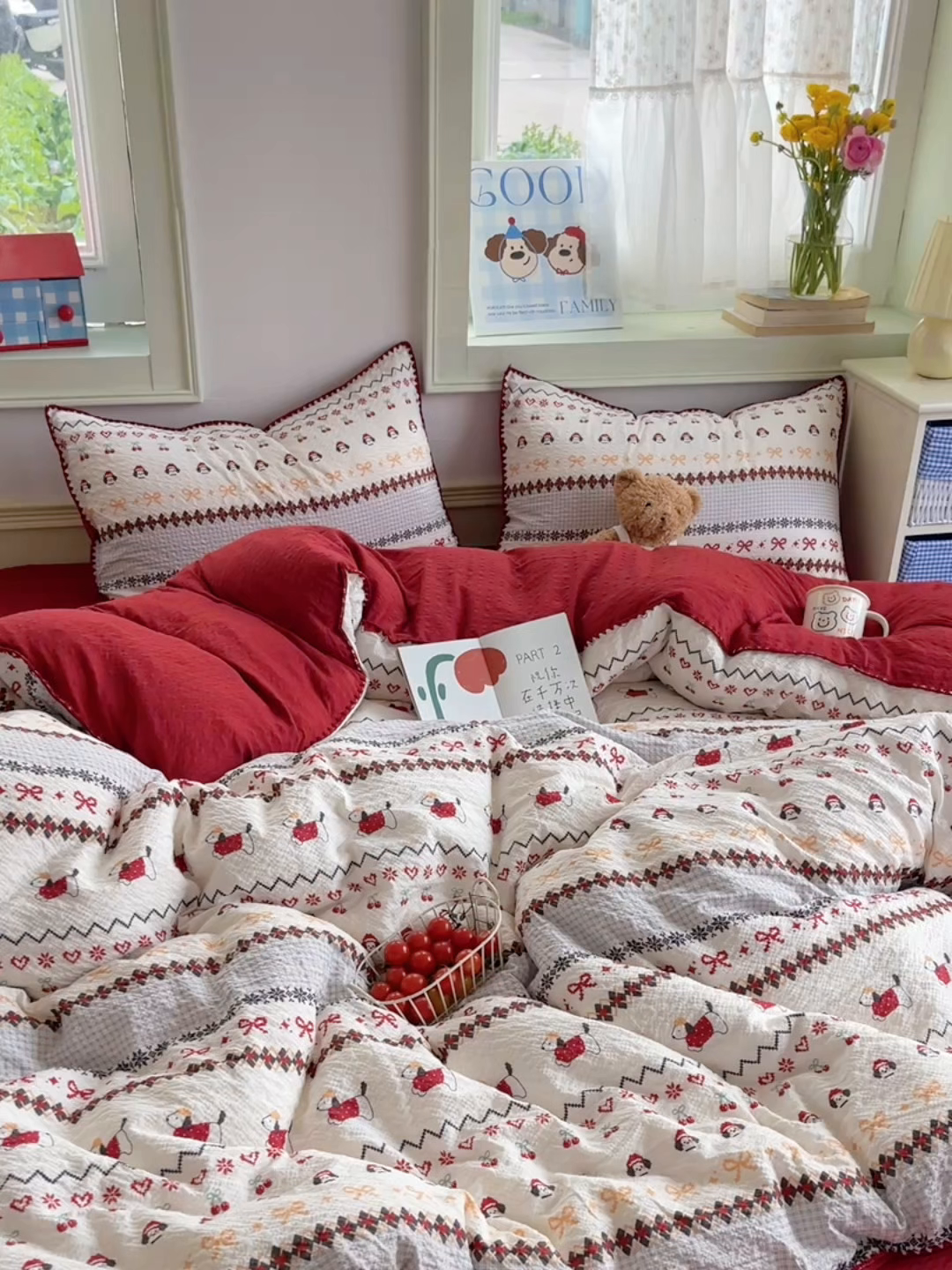 91家纺网 家纺一手货源 找家纺 凯洛奇 2026春夏新款A类高品质泡芙纱贝壳边四件套 小狗派对