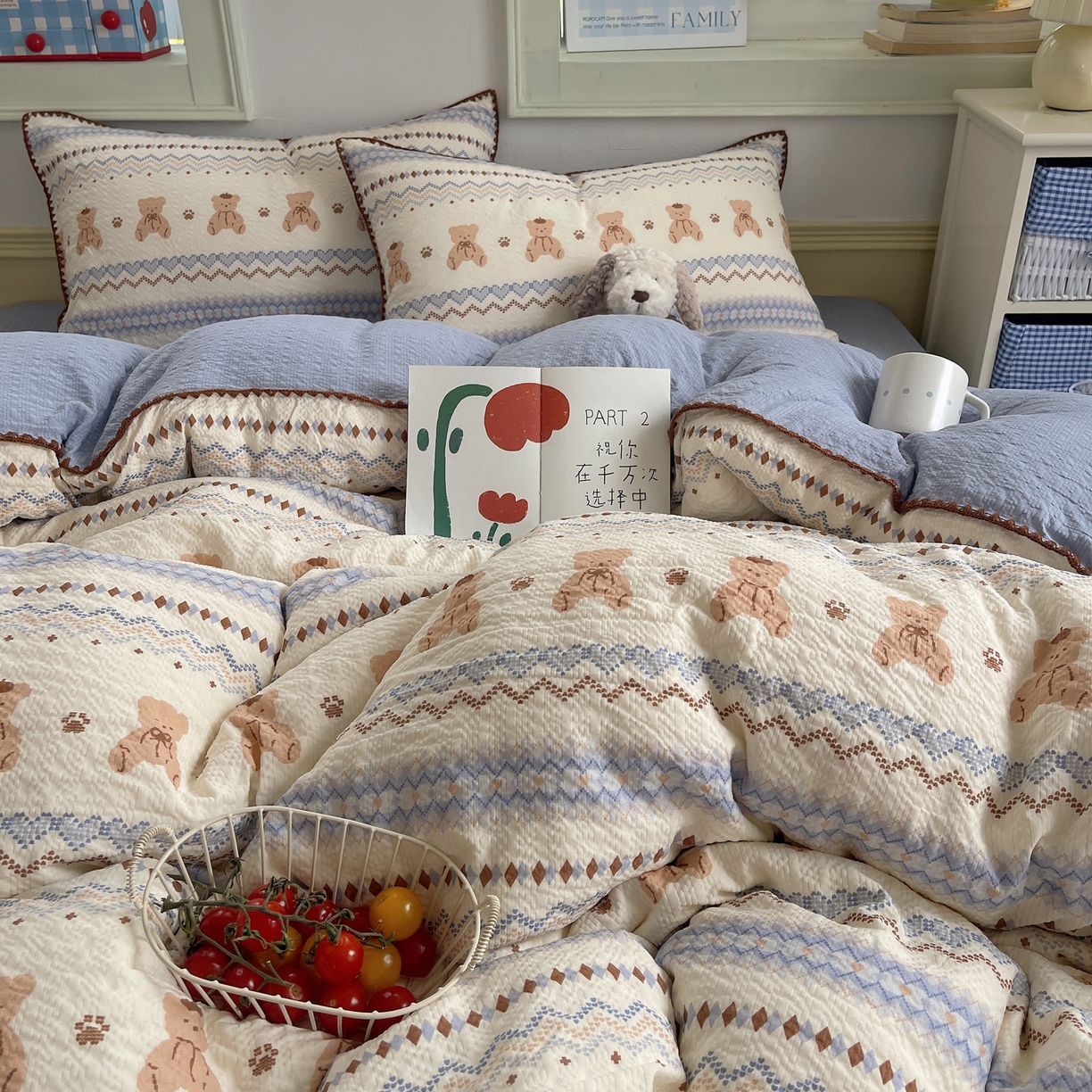 91家纺网 家纺一手货源 找家纺 凯洛奇 2026春夏新款A类高品质泡芙纱贝壳边四件套 小熊部落