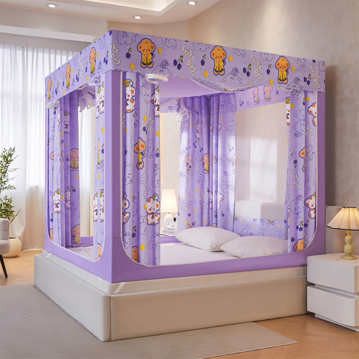 91家纺网 家纺一手货源 找家纺 迪凡保罗蚊帐 2026新款2606专版卡通回底全底AB版遮光帘坐床蚊帐 萌萌狗-无床帘