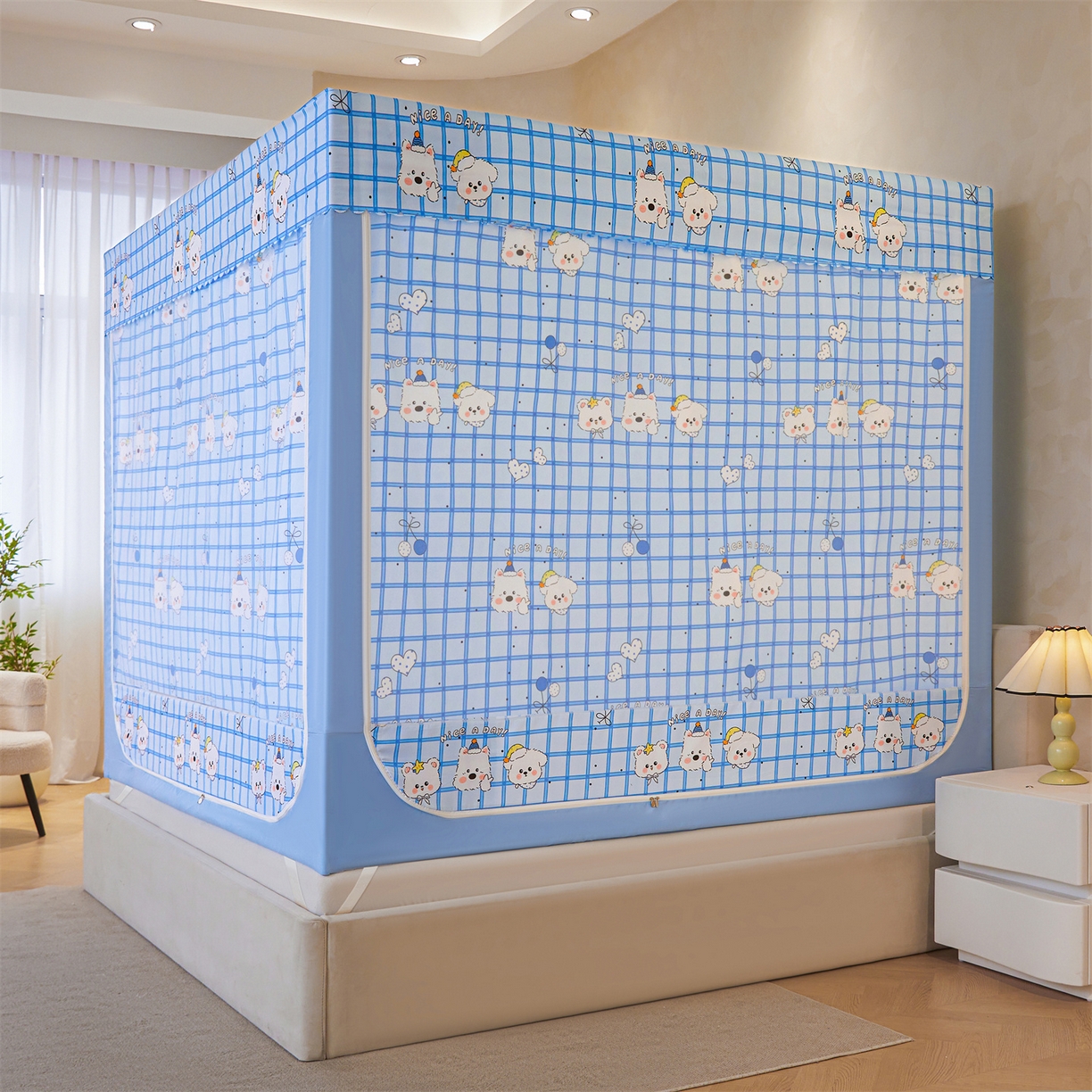 91家纺网 家纺一手货源 找家纺 迪凡保罗蚊帐 2026新款2606专版卡通回底全底AB版遮光帘坐床蚊帐 萌趣多多-无床帘