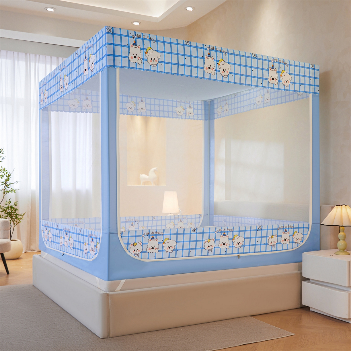 91家纺网 家纺一手货源 找家纺 迪凡保罗蚊帐 2026新款2606专版卡通回底全底AB版遮光帘坐床蚊帐 萌趣多多-无床帘