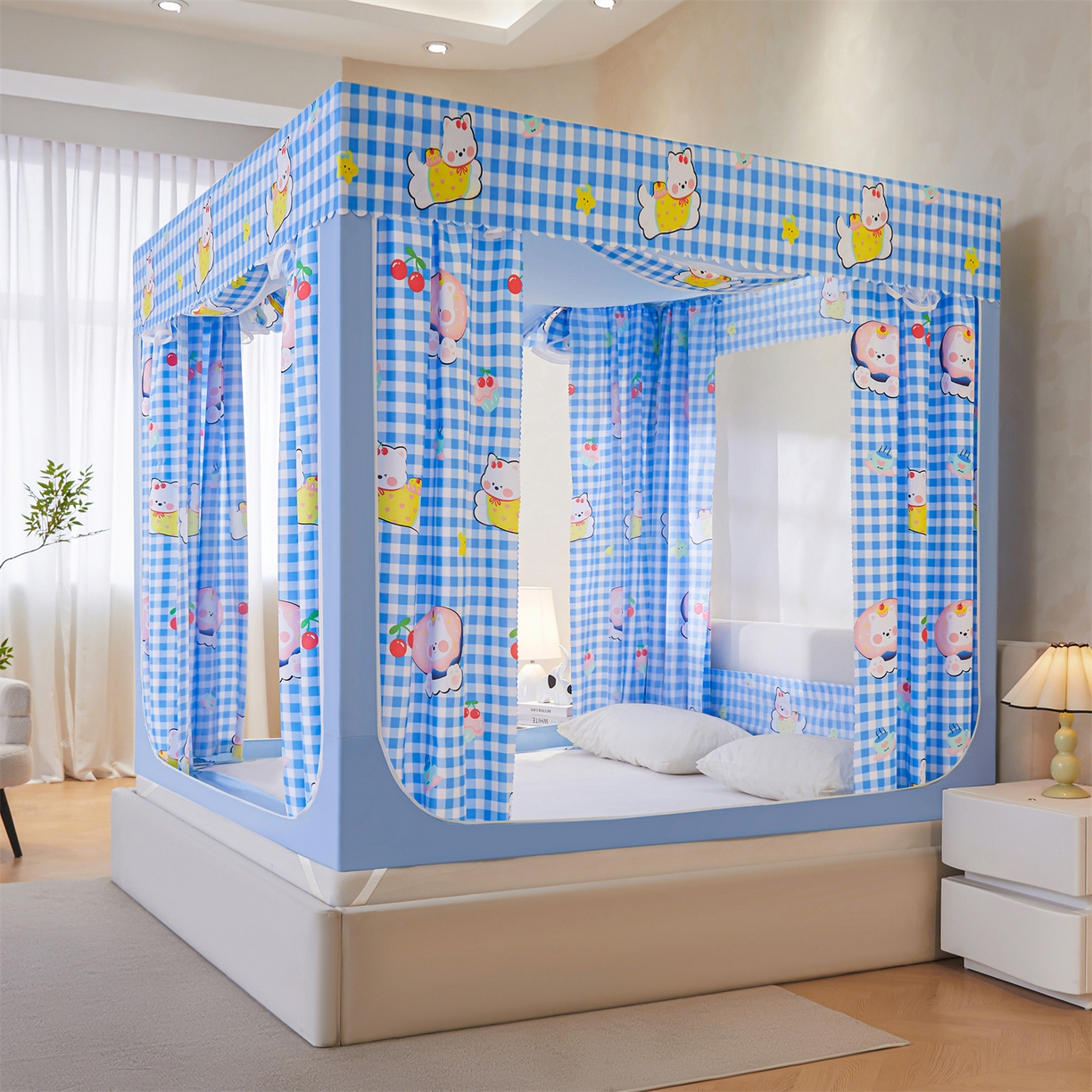 91家纺网 家纺一手货源 找家纺 迪凡保罗蚊帐 2026新款2606专版卡通回底全底AB版遮光帘坐床蚊帐 可爱奶狗-带床帘