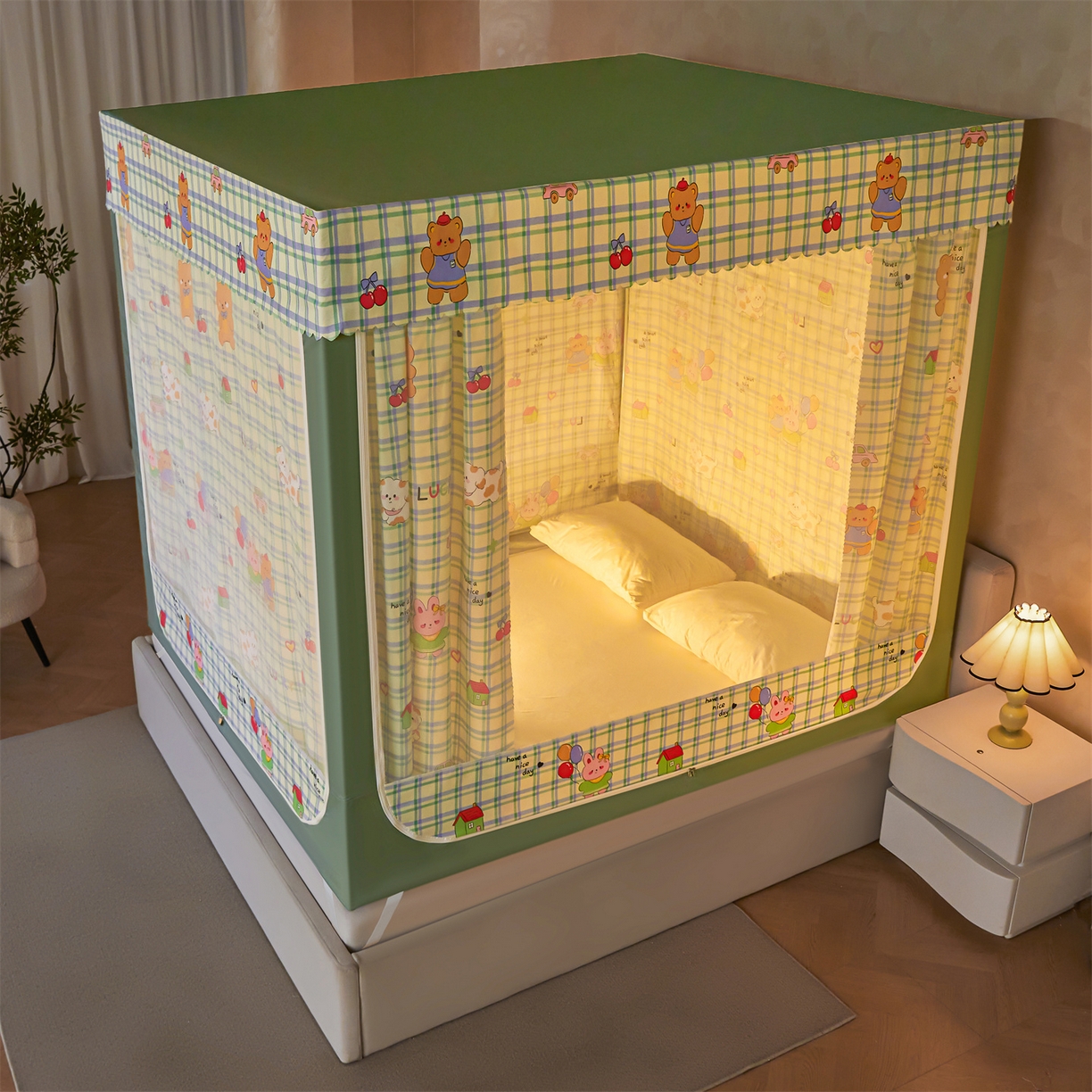 91家纺网 家纺一手货源 找家纺 迪凡保罗蚊帐 2026新款2606专版卡通回底全底AB版遮光帘坐床蚊帐 动物世界-无床帘