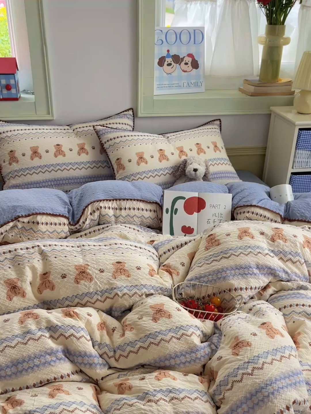 91家纺网 家纺一手货源 找家纺 凯洛奇 2026春夏新款A类高品质泡芙纱贝壳边四件套 小熊部落