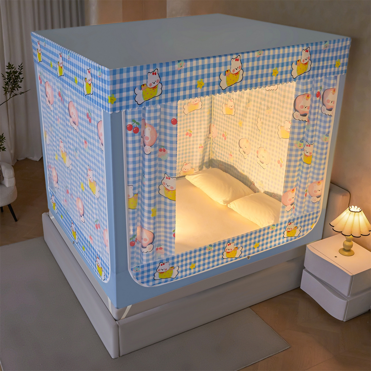 91家纺网 家纺一手货源 找家纺 迪凡保罗蚊帐 2026新款2606专版卡通回底全底AB版遮光帘坐床蚊帐 可爱奶狗-无床帘