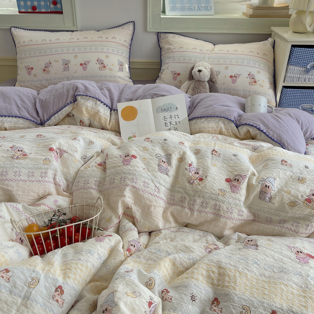 91家纺网 家纺一手货源 找家纺 凯洛奇 2026春夏新款A类高品质泡芙纱贝壳边四件套 星梦精灵