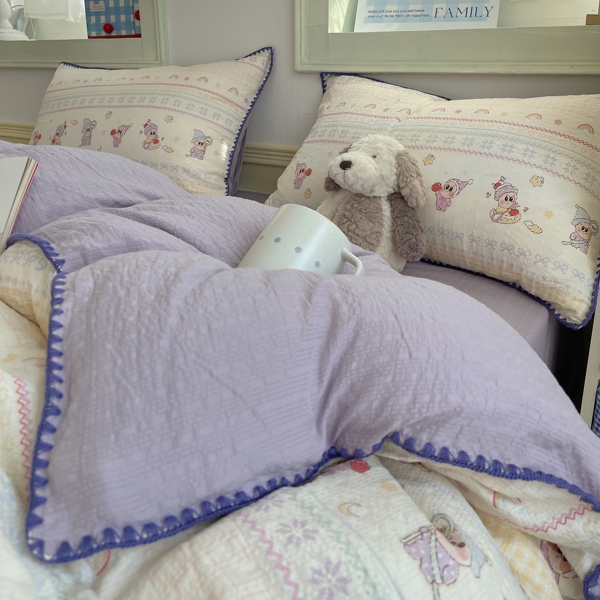 91家纺网 家纺一手货源 找家纺 凯洛奇 2026春夏新款A类高品质泡芙纱贝壳边四件套 星梦精灵