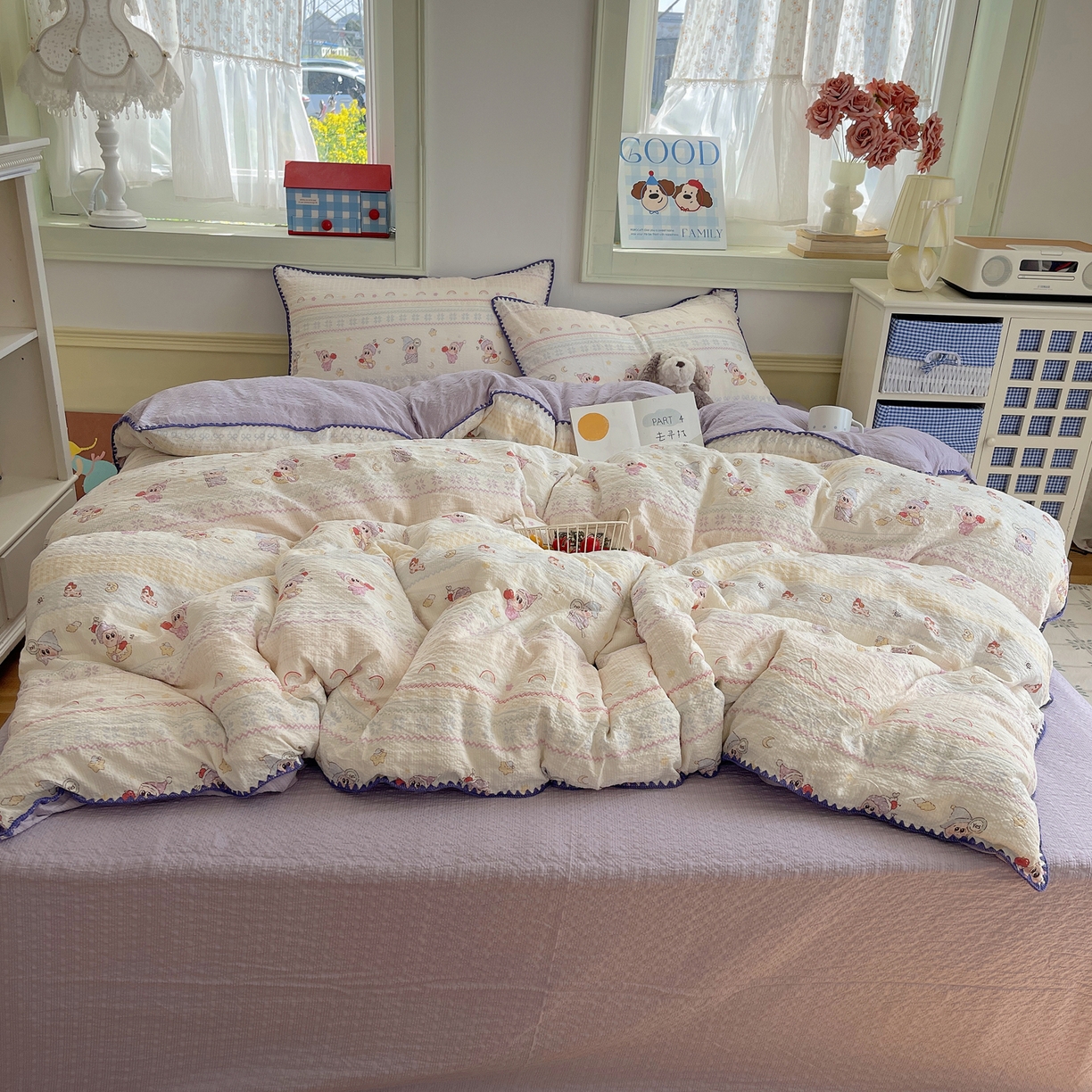 91家纺网 家纺一手货源 找家纺 凯洛奇 2026春夏新款A类高品质泡芙纱贝壳边四件套 星梦精灵