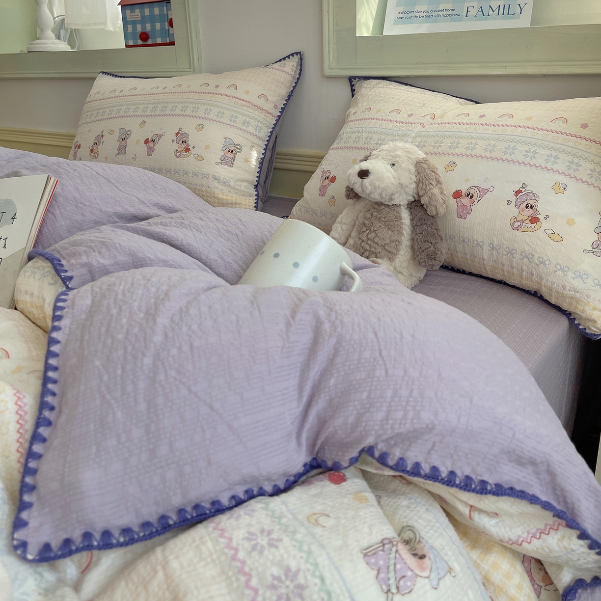 91家纺网 家纺一手货源 找家纺 凯洛奇 2026春夏新款A类高品质泡芙纱贝壳边四件套 星梦精灵