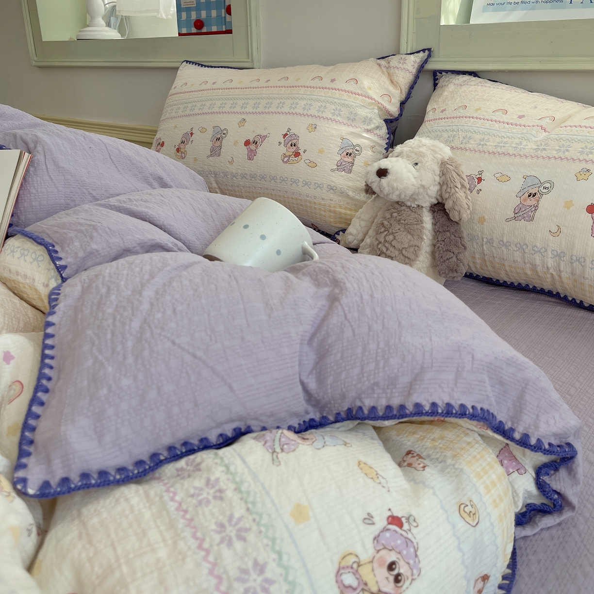 91家纺网 家纺一手货源 找家纺 凯洛奇 2026春夏新款A类高品质泡芙纱贝壳边四件套 星梦精灵