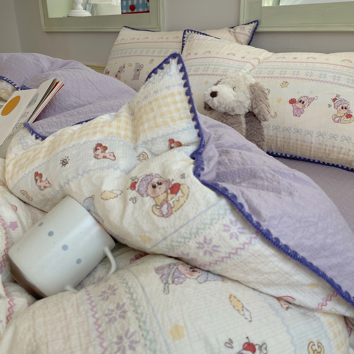 91家纺网 家纺一手货源 找家纺 凯洛奇 2026春夏新款A类高品质泡芙纱贝壳边四件套 星梦精灵