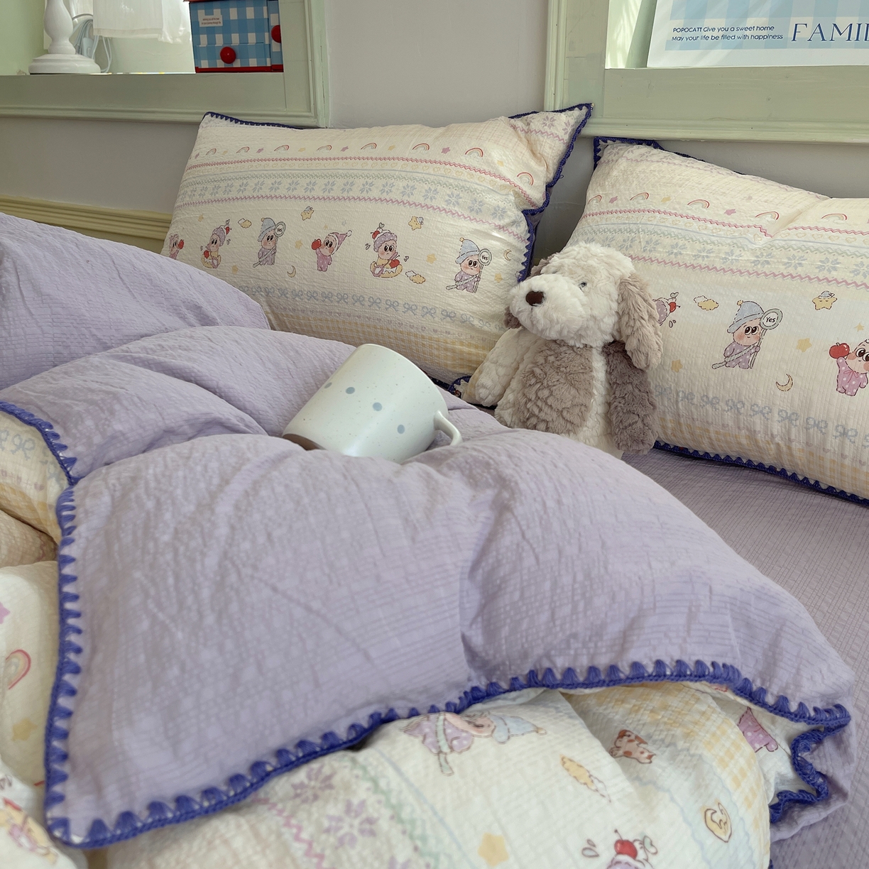 91家纺网 家纺一手货源 找家纺 凯洛奇 2026春夏新款A类高品质泡芙纱贝壳边四件套 星梦精灵