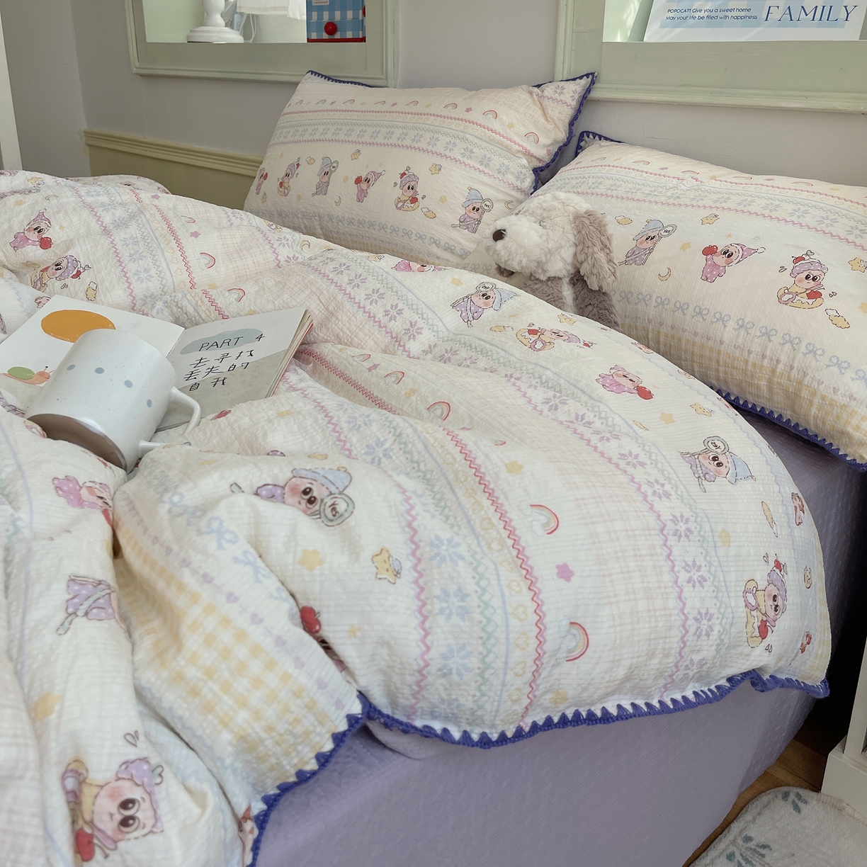 91家纺网 家纺一手货源 找家纺 凯洛奇 2026春夏新款A类高品质泡芙纱贝壳边四件套 星梦精灵