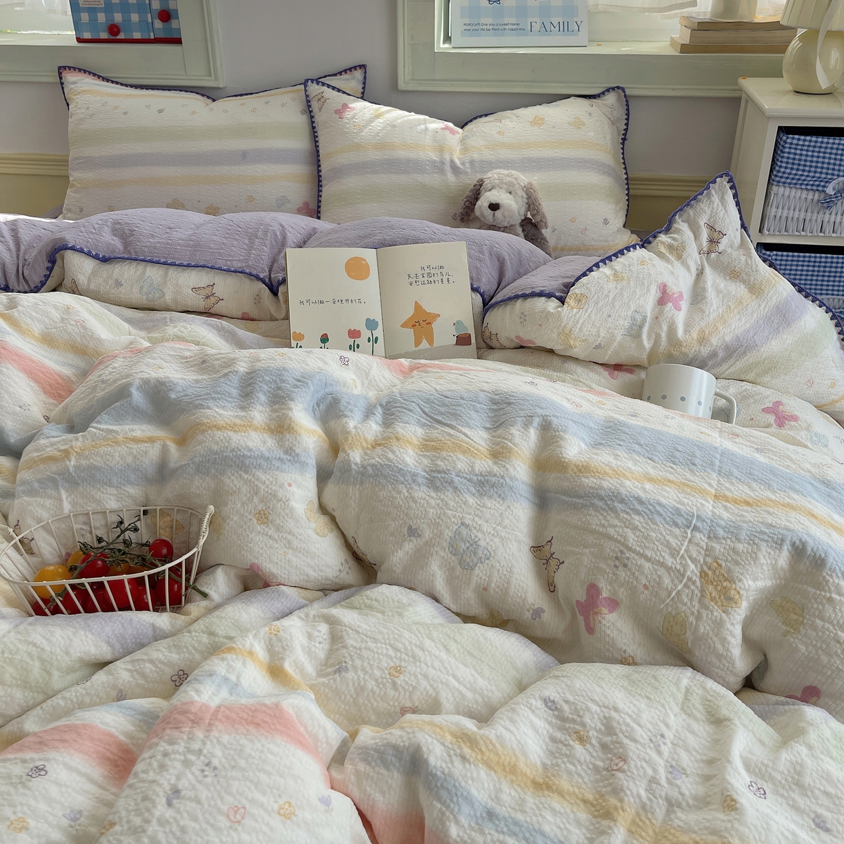 91家纺网 家纺一手货源 找家纺 凯洛奇 2026春夏新款A类高品质泡芙纱贝壳边四件套 云间彩蝶