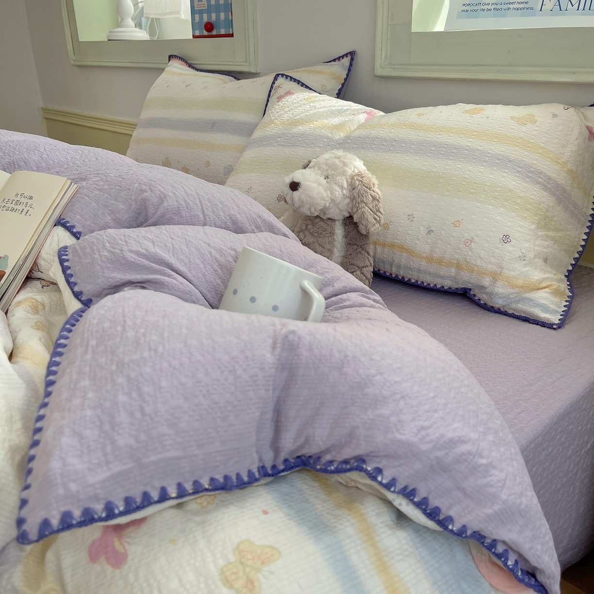 91家纺网 家纺一手货源 找家纺 凯洛奇 2026春夏新款A类高品质泡芙纱贝壳边四件套 云间彩蝶