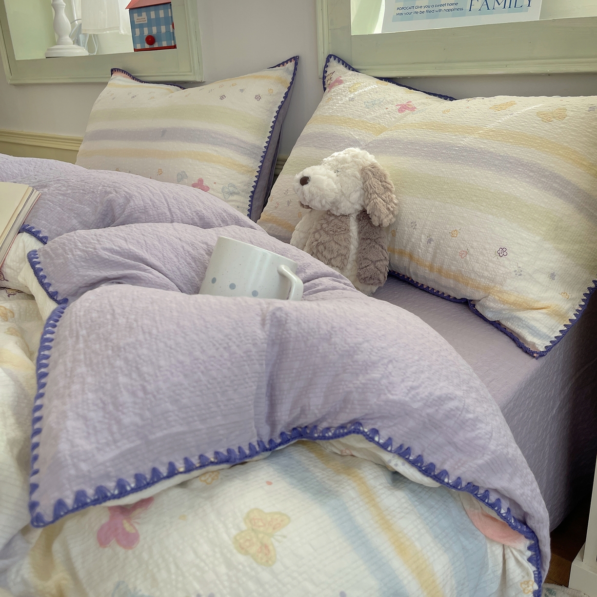 91家纺网 家纺一手货源 找家纺 凯洛奇 2026春夏新款A类高品质泡芙纱贝壳边四件套 云间彩蝶