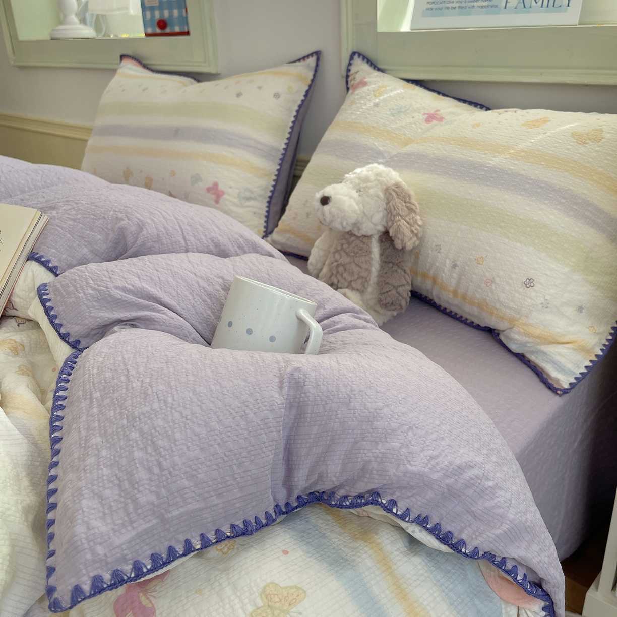 91家纺网 家纺一手货源 找家纺 凯洛奇 2026春夏新款A类高品质泡芙纱贝壳边四件套 云间彩蝶