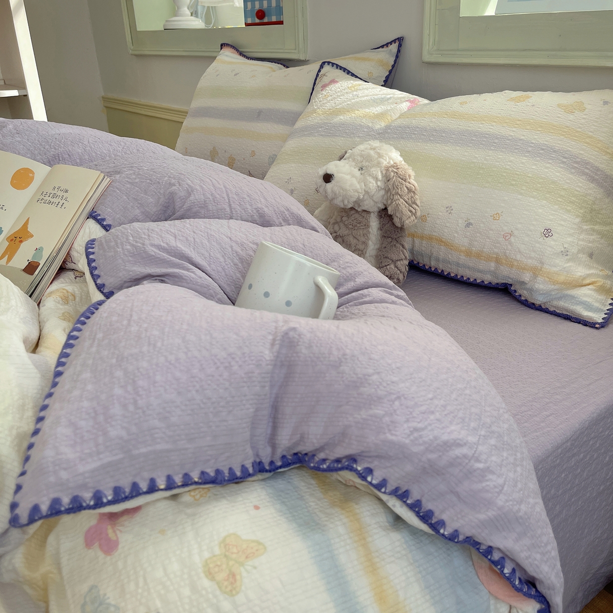 91家纺网 家纺一手货源 找家纺 凯洛奇 2026春夏新款A类高品质泡芙纱贝壳边四件套 云间彩蝶